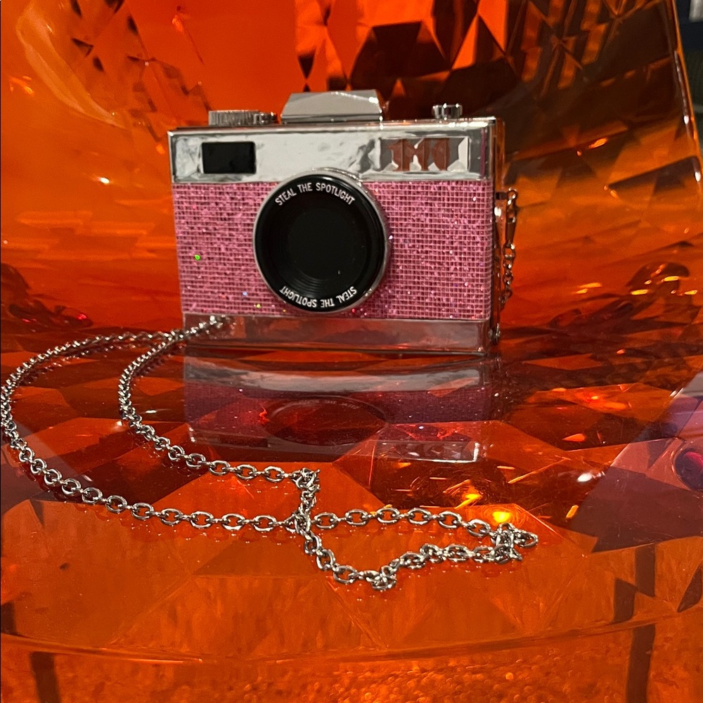 Pink Purse  Camera-Shaped Crossbody Bag with Silver Chain